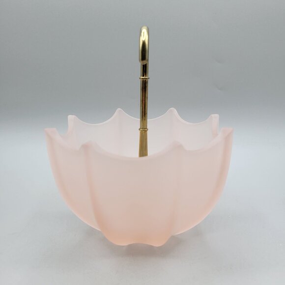 Fenton Pink Satin Glass Umbrella Shaped Trinket Candy Dish Brass Handle - Picture 4 of 6